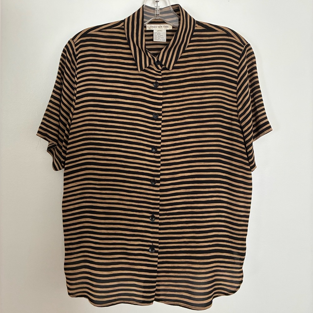 Vintage Jones New York Silk Short-Sleeve Button-Down Shirt, Black & Tan Stripes